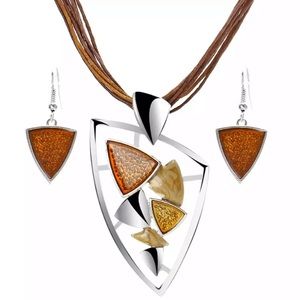 New [Set of 2] Deep Orange Mosaic African Necklace